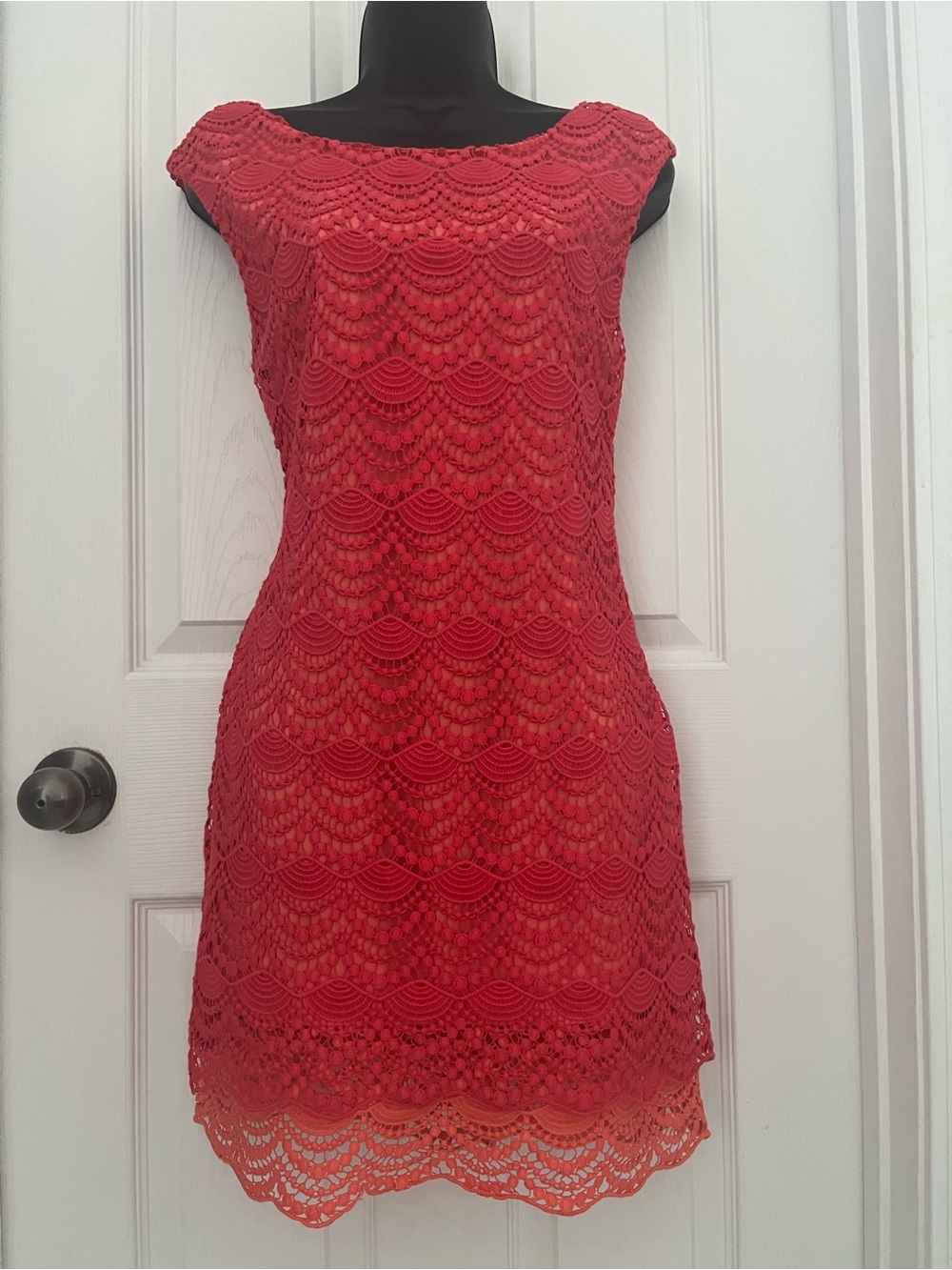 bebe Red Scalloped Lace Midi Dress